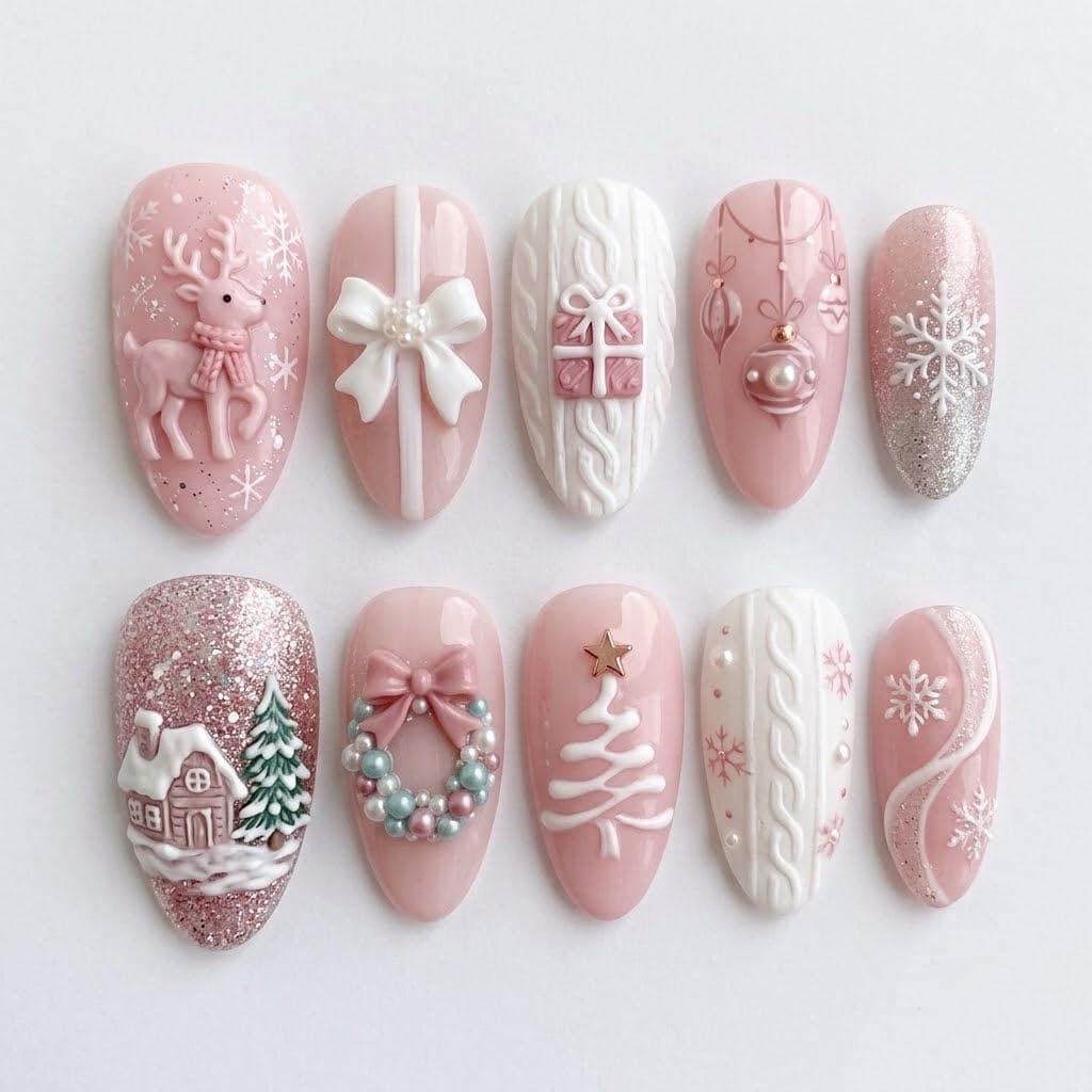 Pink and White Christmas Press On Nails with 3D Reindeer, Bows and Snowflakes