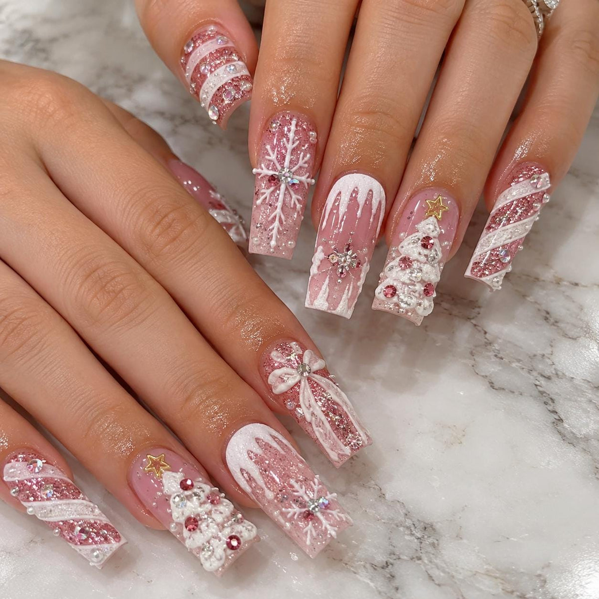 Pink and White Christmas Press On Nails with Snowflakes, Glitter and 3D Tree