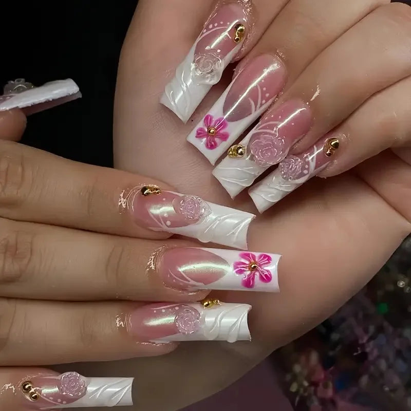 Pink and White French Tip Press On Nails with 3D Flowers and Gold-Tone Rhinestones