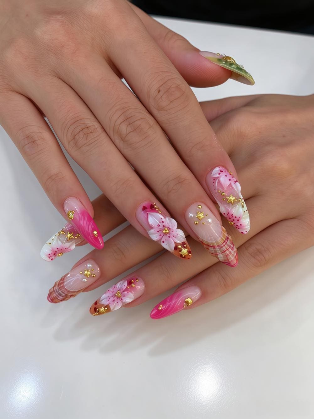 Pink and White Plaid Floral Nails with Gold Stars