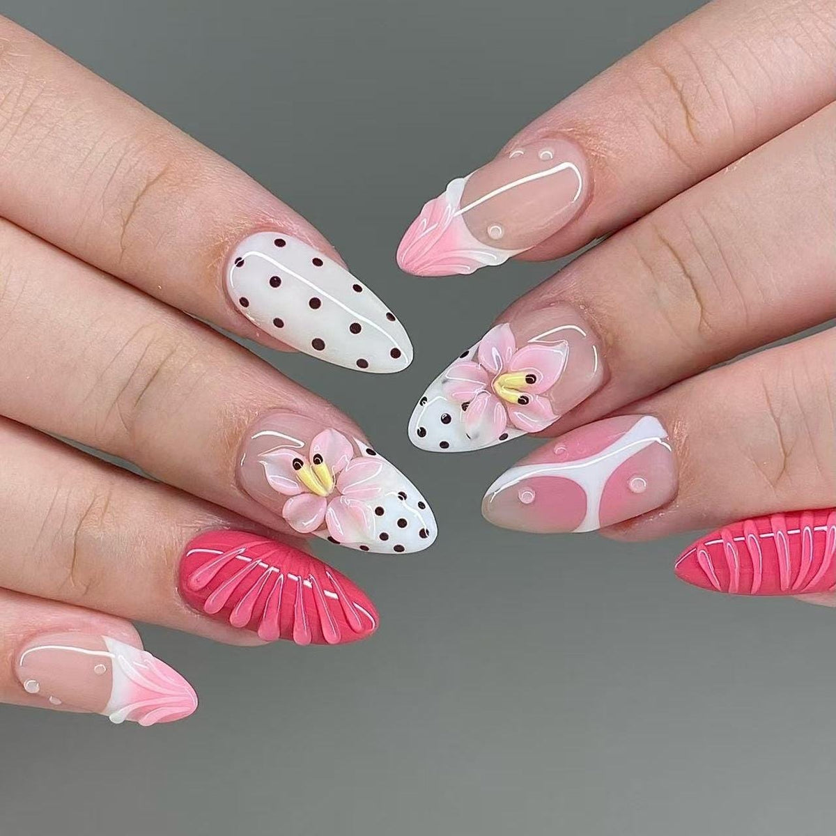 Pink and White Polka Dot Floral Press On Nails with Raised Flowers