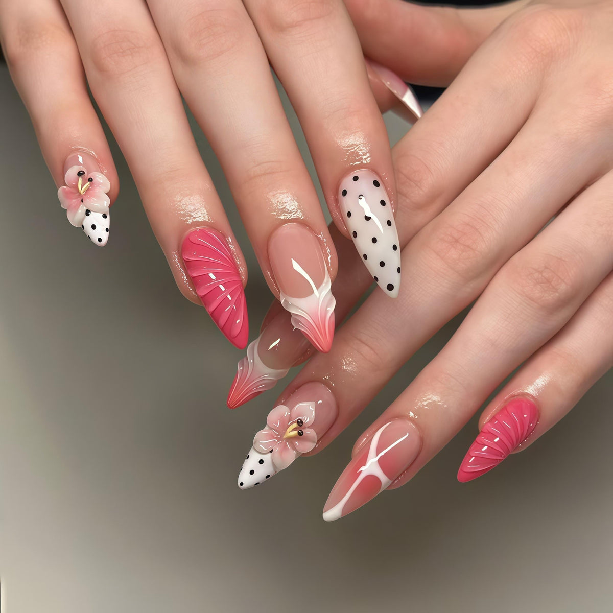 Pink and White Polka Dot Flower Nail Set with 3D Flowers