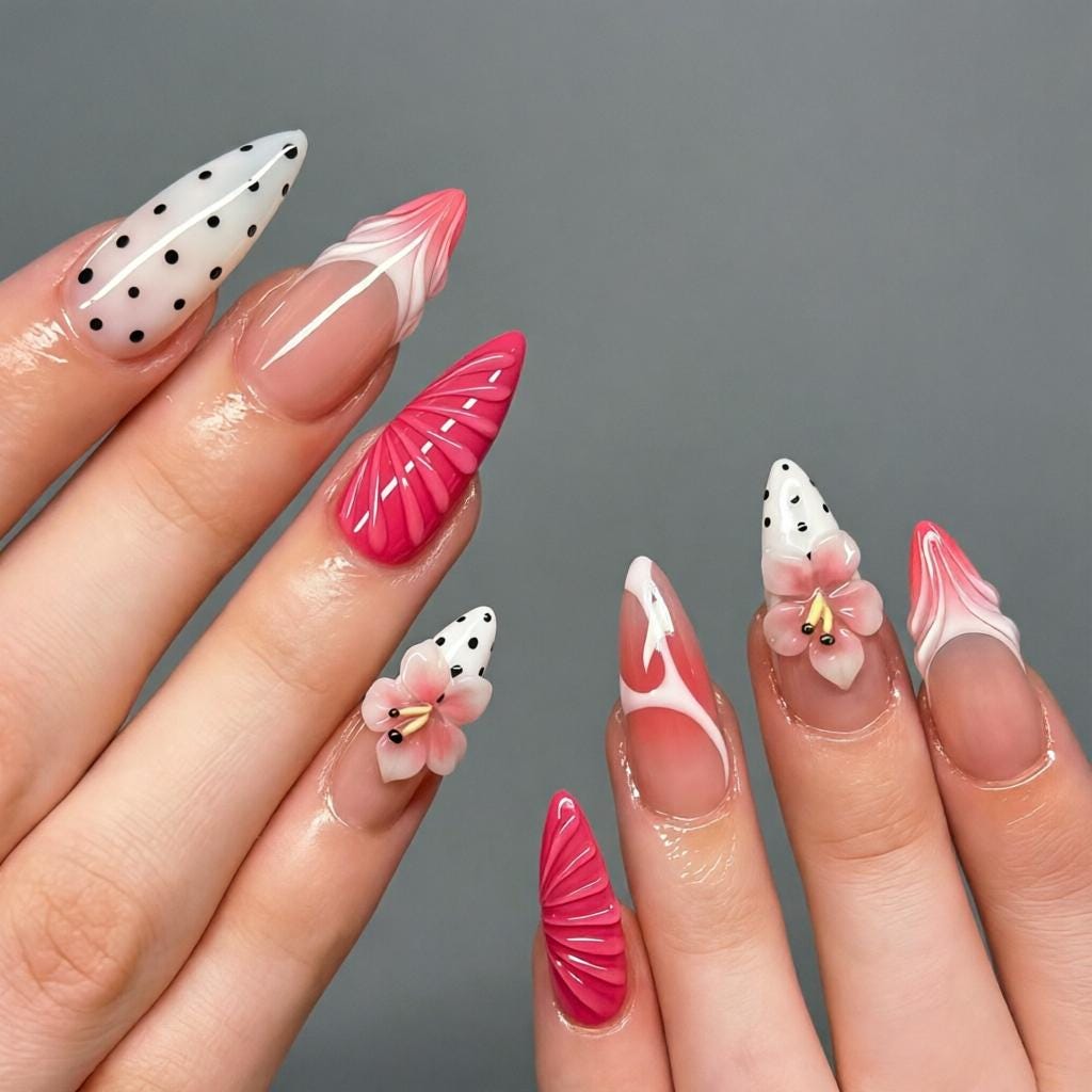 Pink and White Polka Dot Flower Nail Set with 3D Flowers