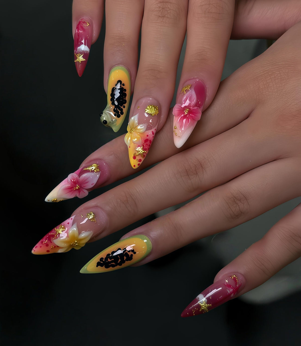 Pink and Yellow Floral Goldfish Press-On Nails with Gold Foil