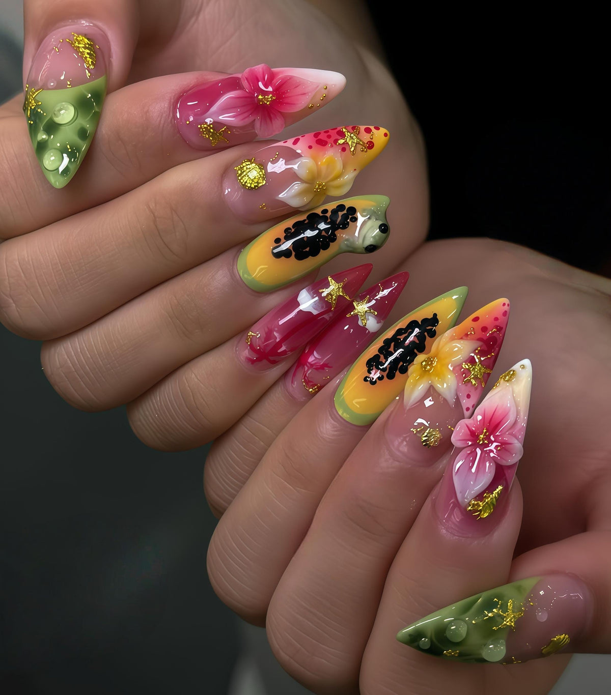 Pink and Yellow Floral Goldfish Press-On Nails with Gold Foil