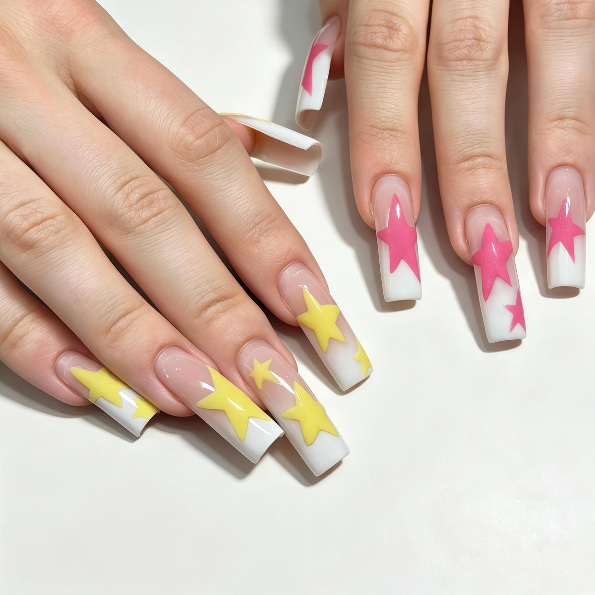 Pink and Yellow Star French Tip Nail Set