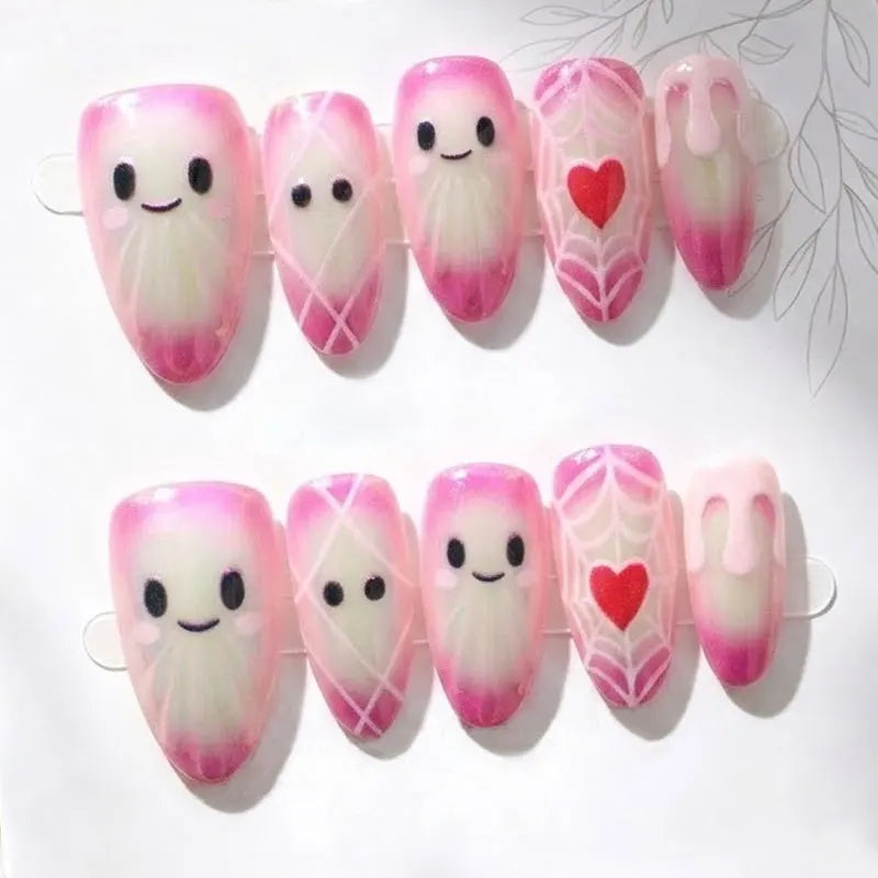Pink Aurora Halloween Ghost Press On Nails With Web and Heart Details