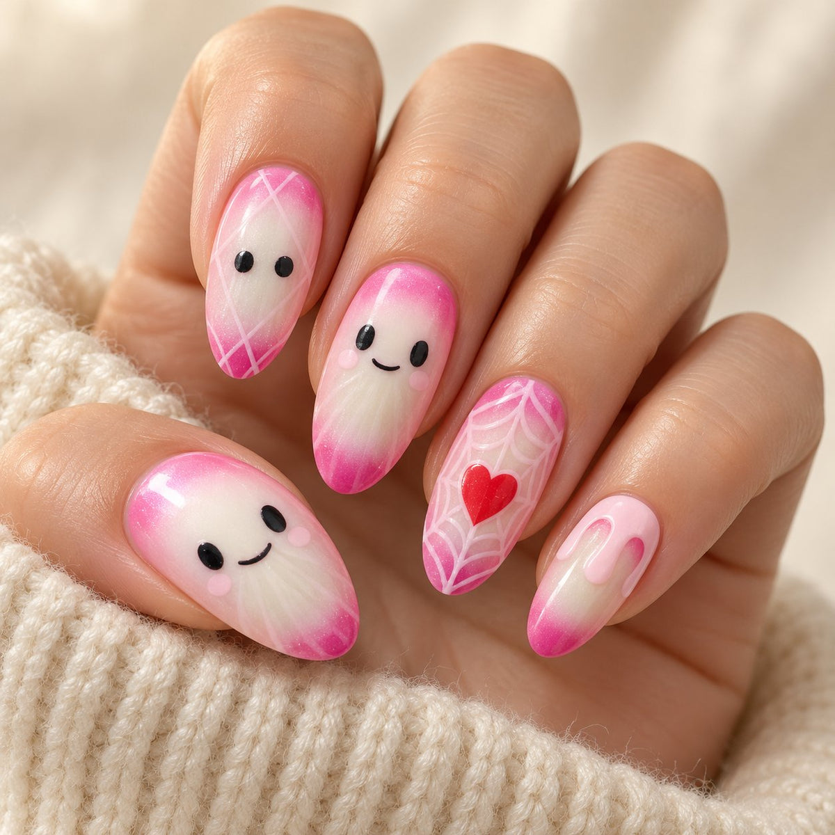 Pink Aurora Halloween Ghost Press On Nails With Web and Heart Details worn on hand