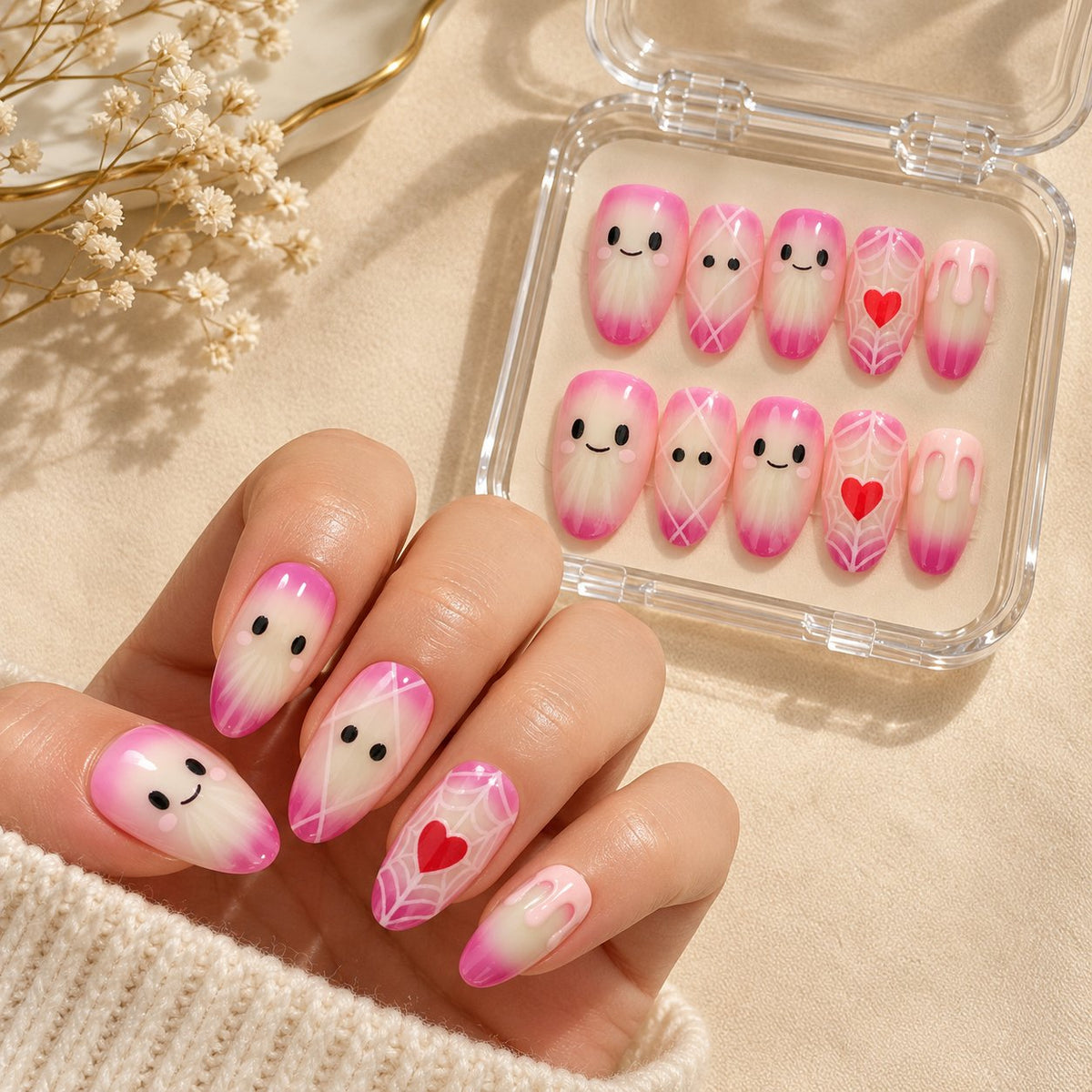 Pink Aurora Halloween Ghost Press On Nails With Web and Heart Details worn on hand with acrylic storage box