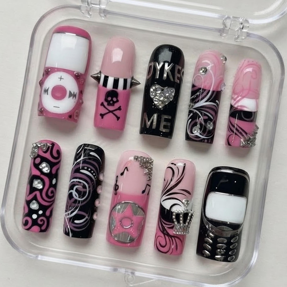 Pink, Black & Silver Y2K Graphic Press On Nail Set With Swirls, Charms & Rhinestones