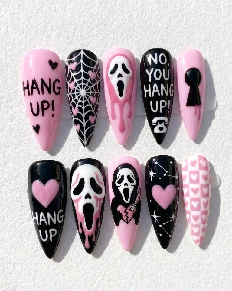 Pink, Black & White Ghost Mask Halloween Nail Set
