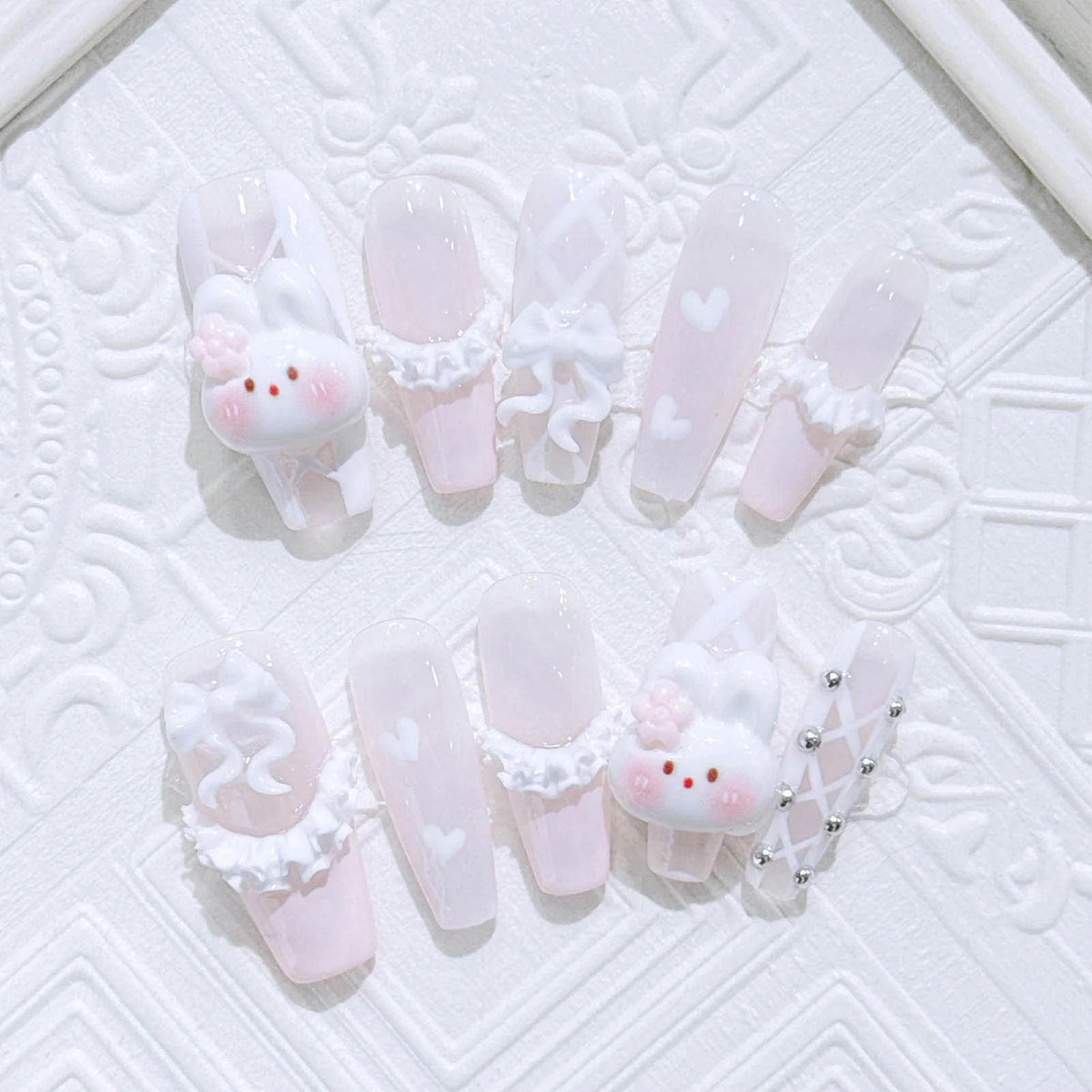 Pink Bunny French Tip Press-On Nails With Bows, Ruffles and Rhinestones
