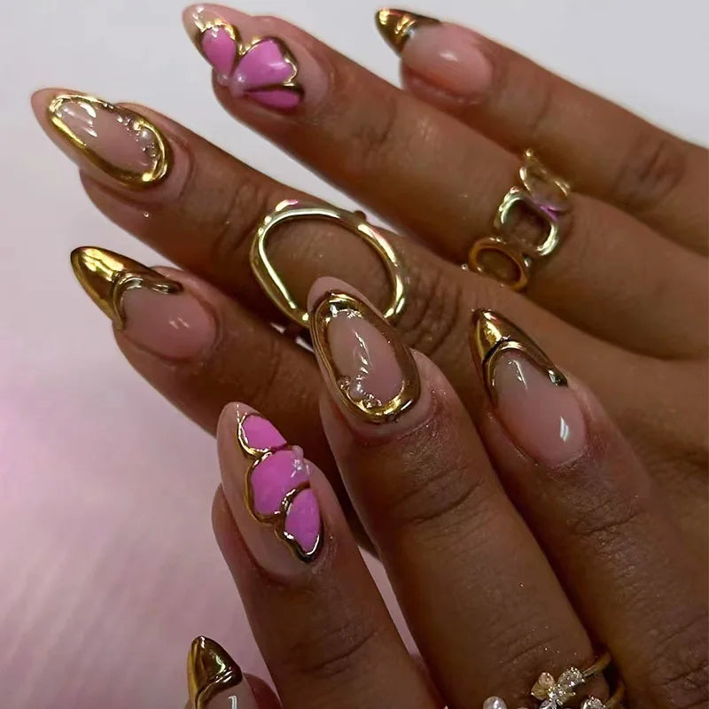 Pink Butterfly Gold Chrome French Tip Press-On Nails