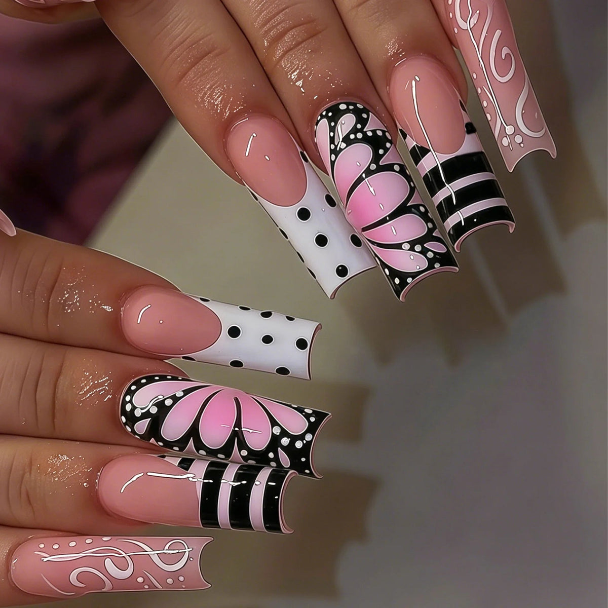 Pink Butterfly, Polka Dot & Striped French Tip Press-On Nails