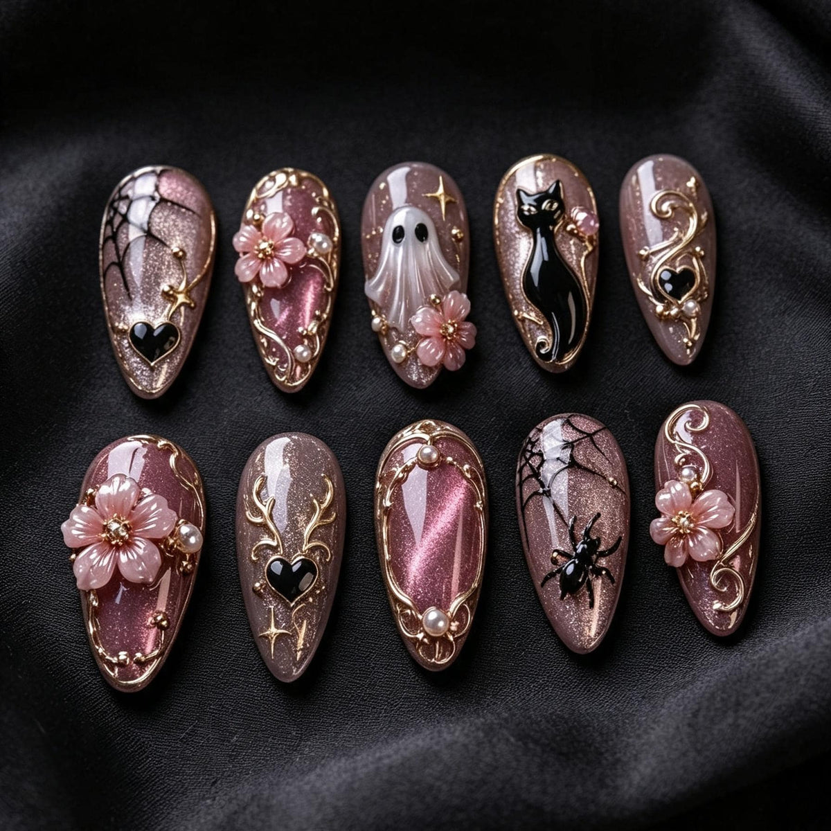 Pink Cat-Eye Gothic Halloween Nails With Ghost, Black Cat, Blossoms and Gold Scrollwork