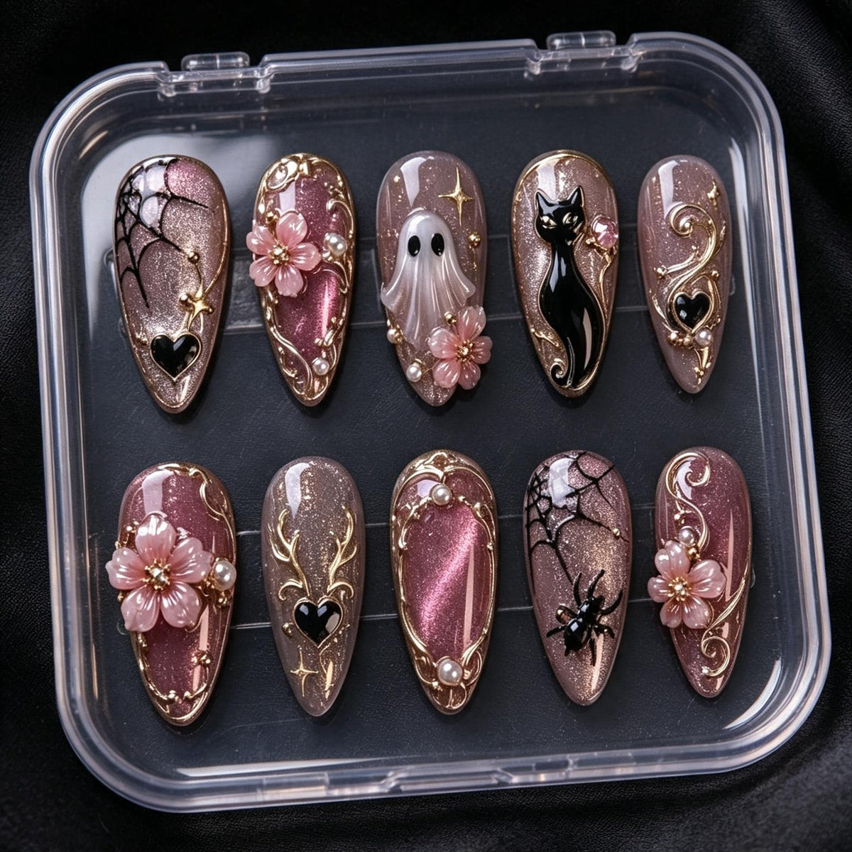 Pink Cat-Eye Gothic Halloween Nails With Ghost, Black Cat, Blossoms and Gold Scrollwork