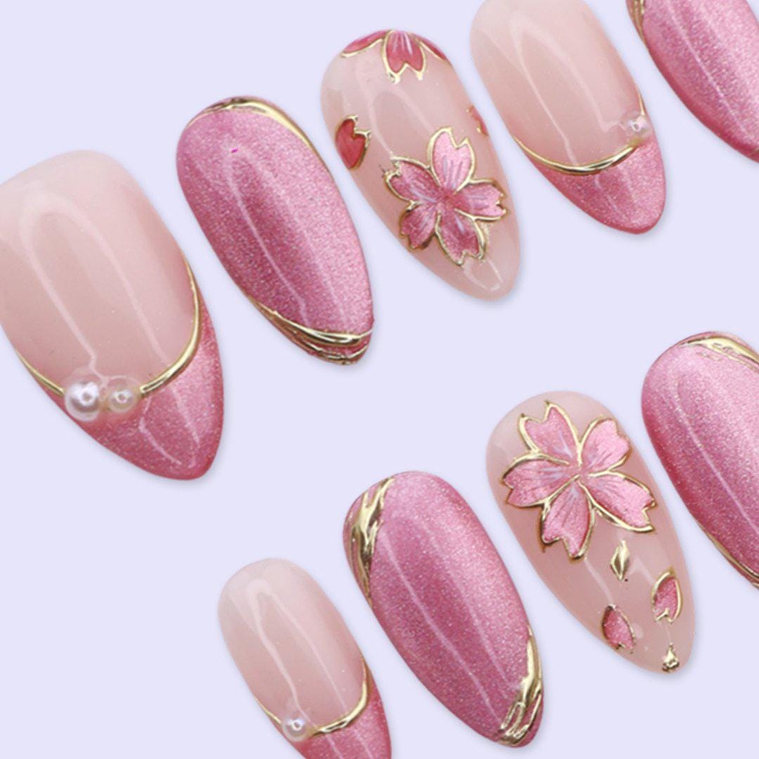 Pink Cat Eye Nails with Gold Floral Art and Pearl Accents for Spring and Weddings