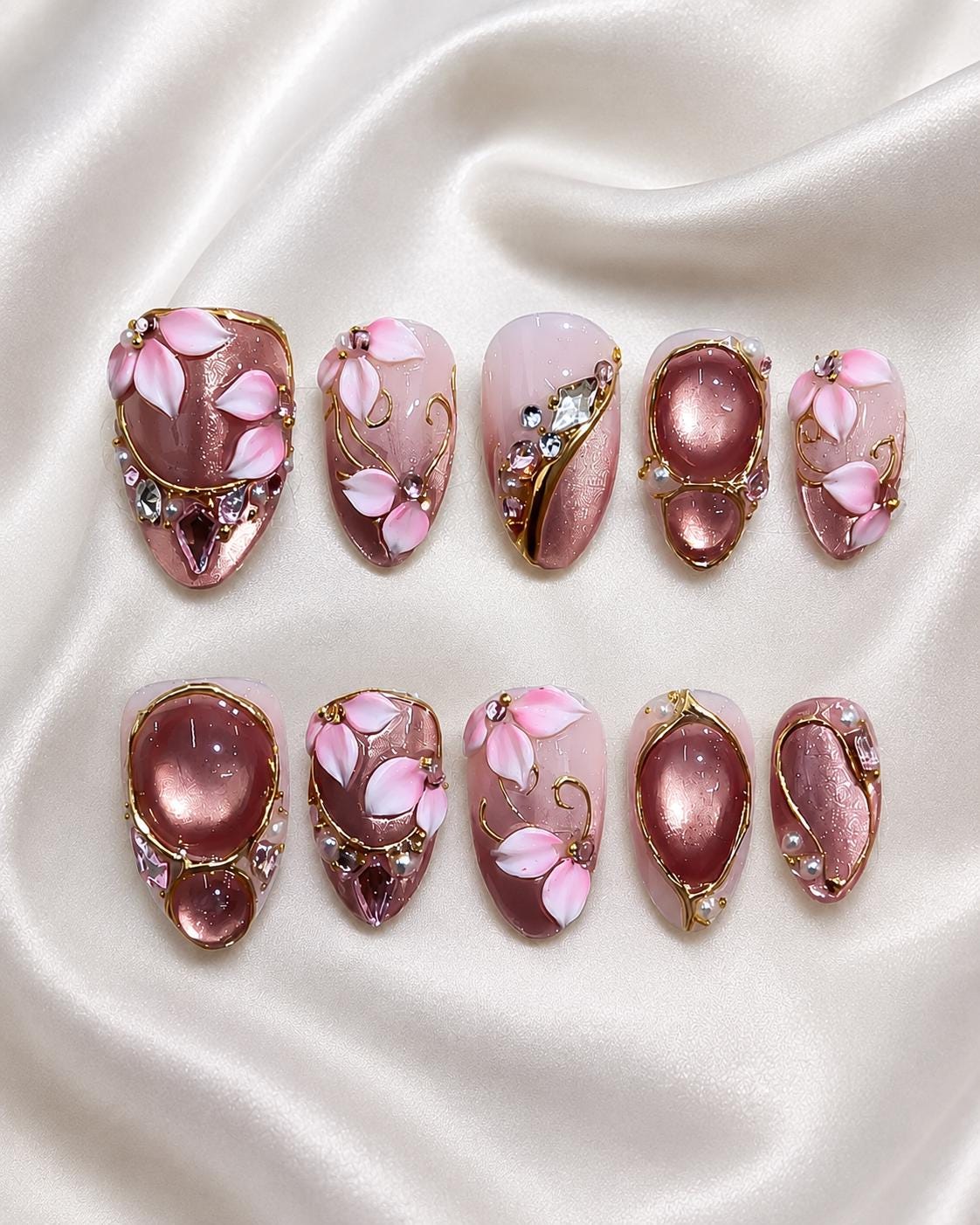 Pink Cat Eye Press On Nails With 3D Flowers, Gold Swirls and Rhinestones
