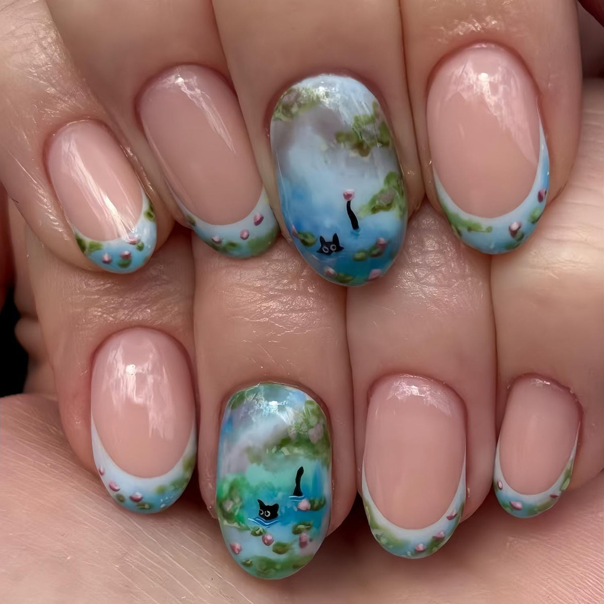 Pink Cat Pond Nail Set With Blue Watercolor French Tips