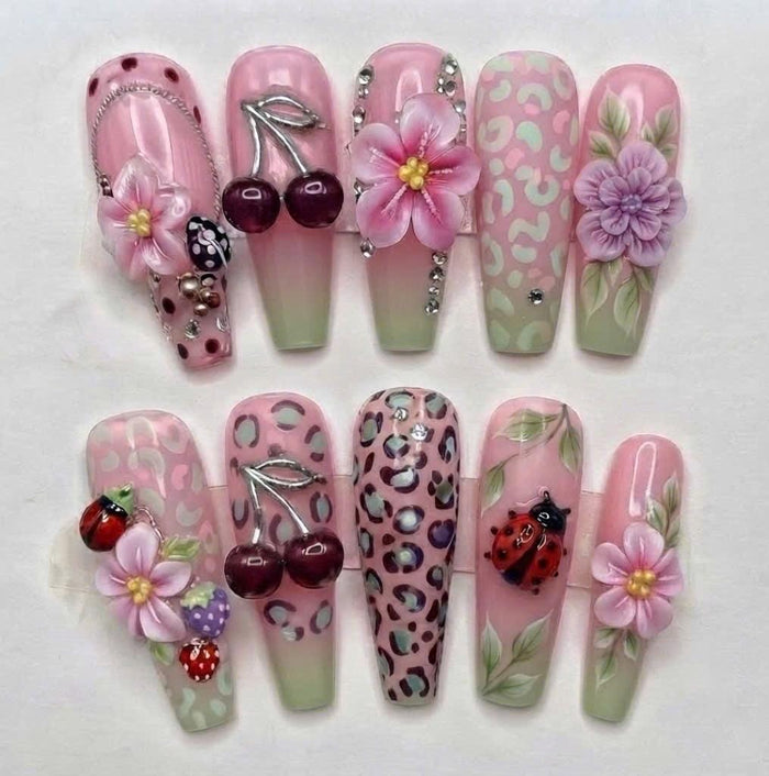 Pink Cherry and Floral 3D Garden Press-On Nails
