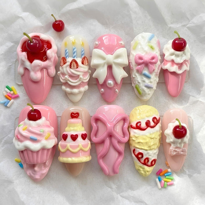 Pink Cherry Birthday Dessert Press On Nails With 3D Bows And Sprinkles