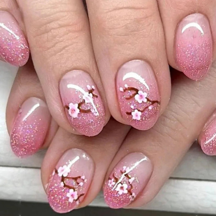 Pink Cherry Blossom Glitter Press On Nails