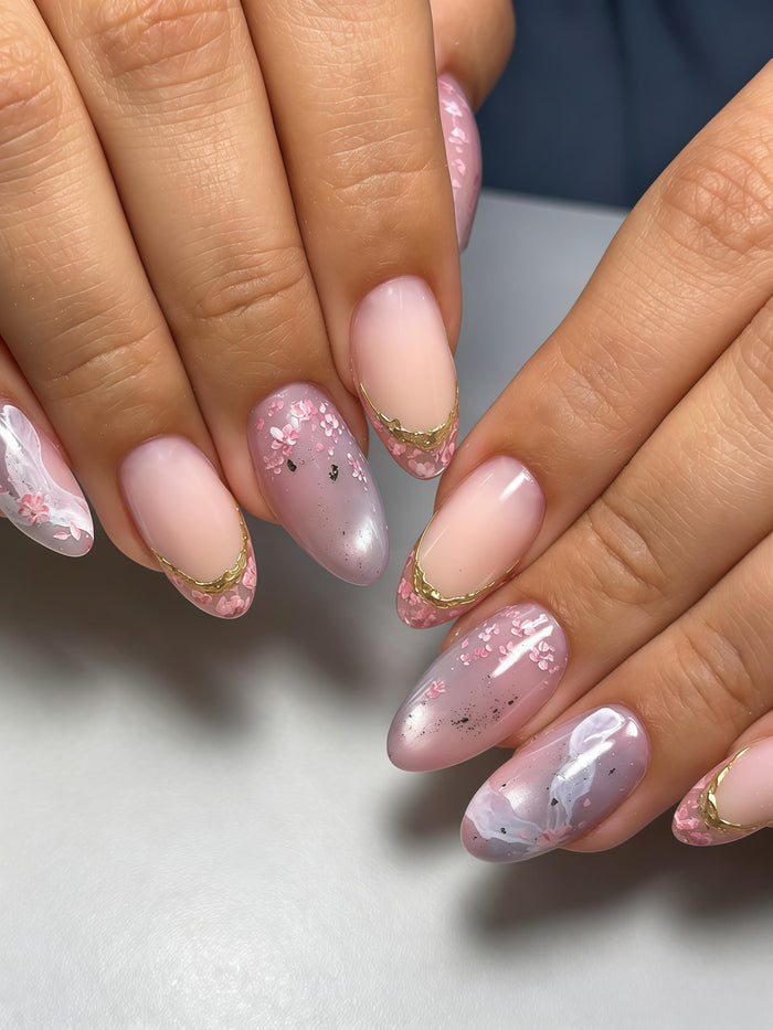 Pink Cherry Blossom Gold Foil Press On Nail Set for Weddings