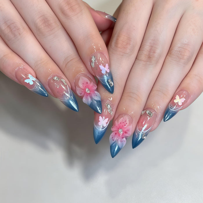 Pink Cherry Blossom Press On Nail Set With Deep Blue French Tips and Rhinestones