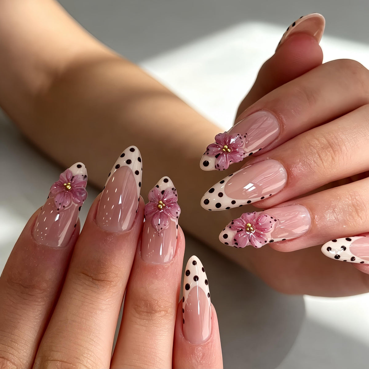 Pink Cherry Blossom Nails with Black Polka Dots and French Tips