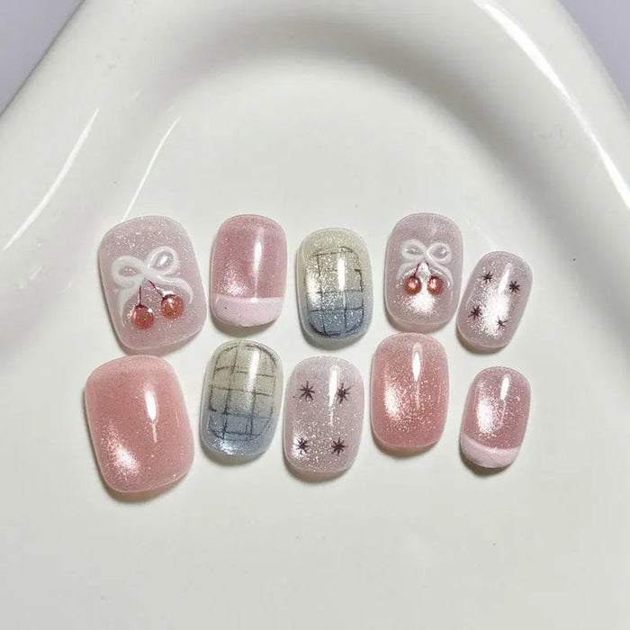 Pink Cherry Bow Press On Nails With Blue-Gray Plaid and French Tips