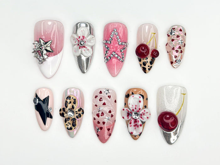 Pink Cherry, Leopard Print, and Rhinestone Floral Press-On Nail Set