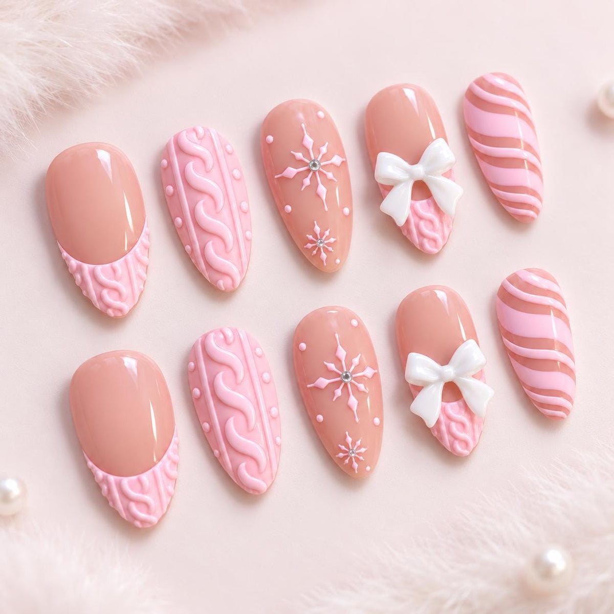 Pink Christmas Bow and Snowflake Press-On Nail Set