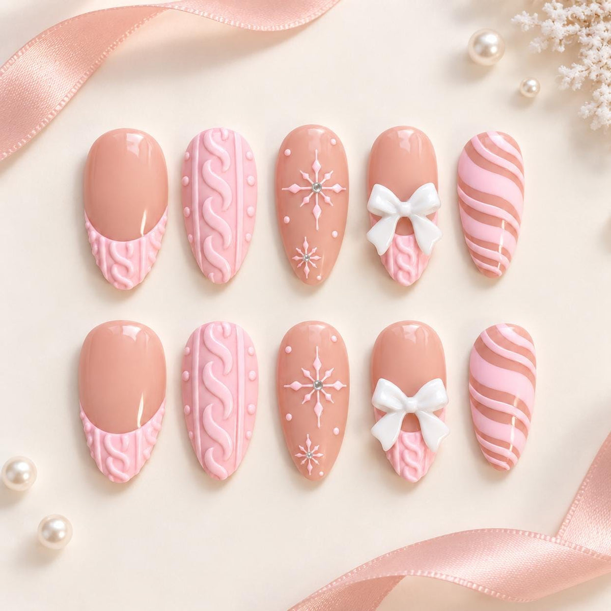 Pink Christmas Bow and Snowflake Press-On Nail Set