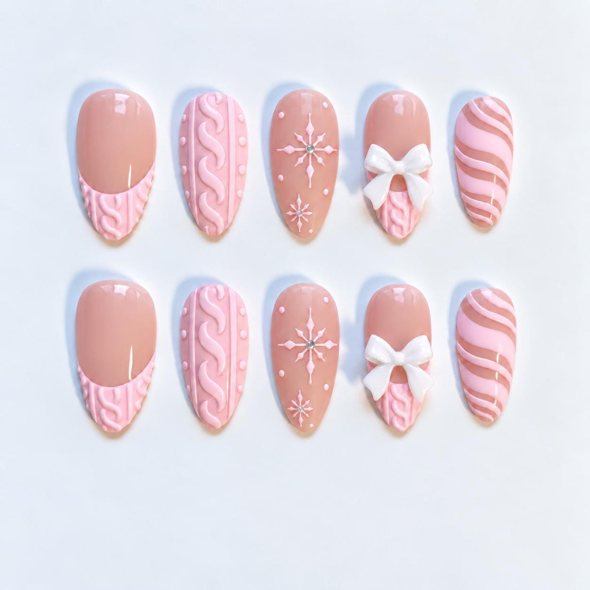 Pink Christmas Bow and Snowflake Press-On Nail Set