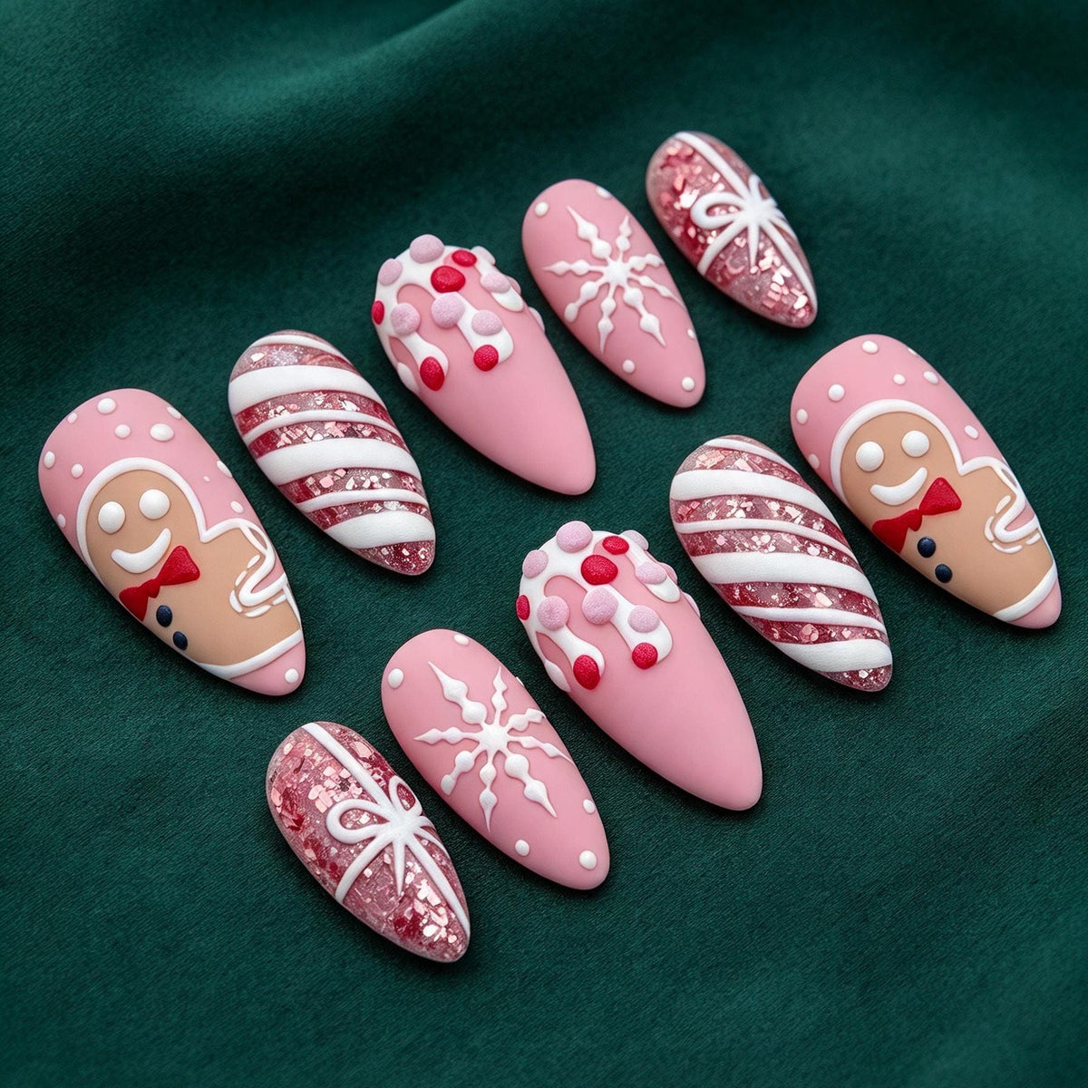 Pink Christmas Nails With Gingerbread, Snowflakes, Candy Stripes, and Glitter Bows