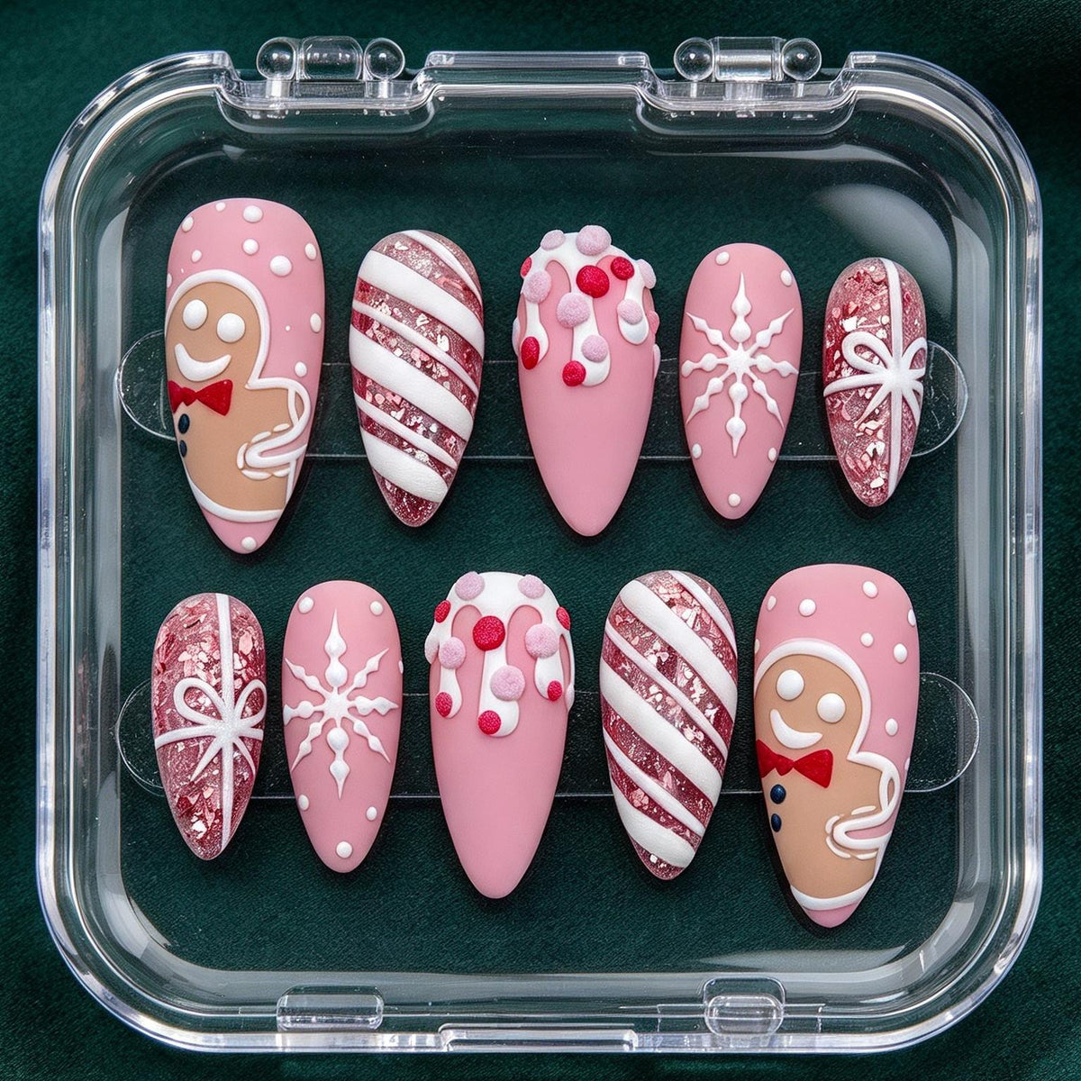 Pink Christmas Nails With Gingerbread, Snowflakes, Candy Stripes, and Glitter Bows