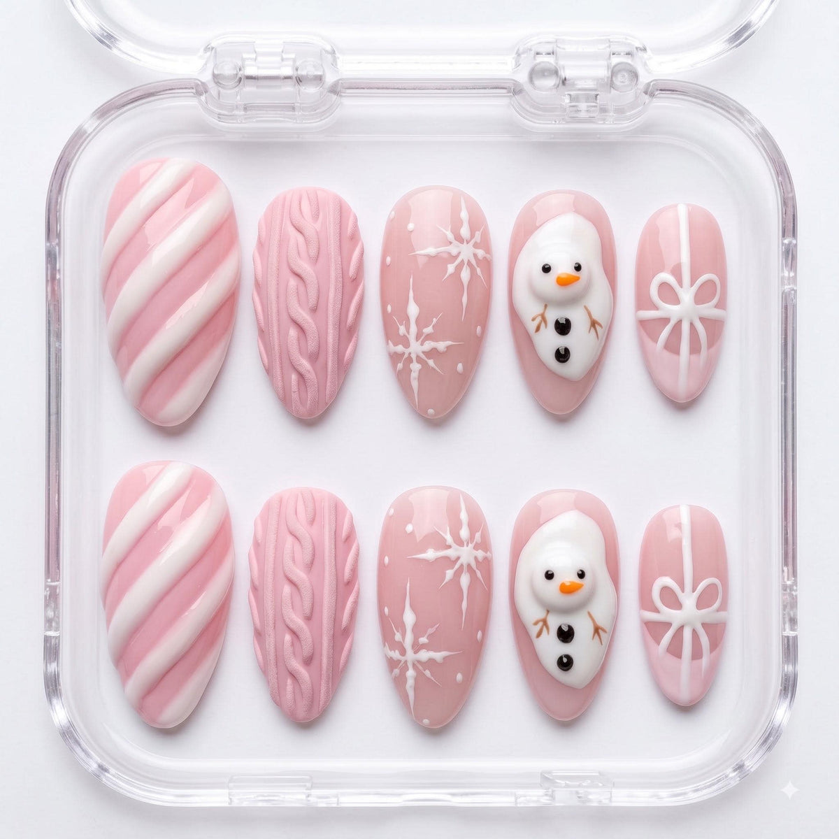 Pink Christmas Press On Nails With Candy Cane Stripes, Knit Texture, Snowmen and Bows