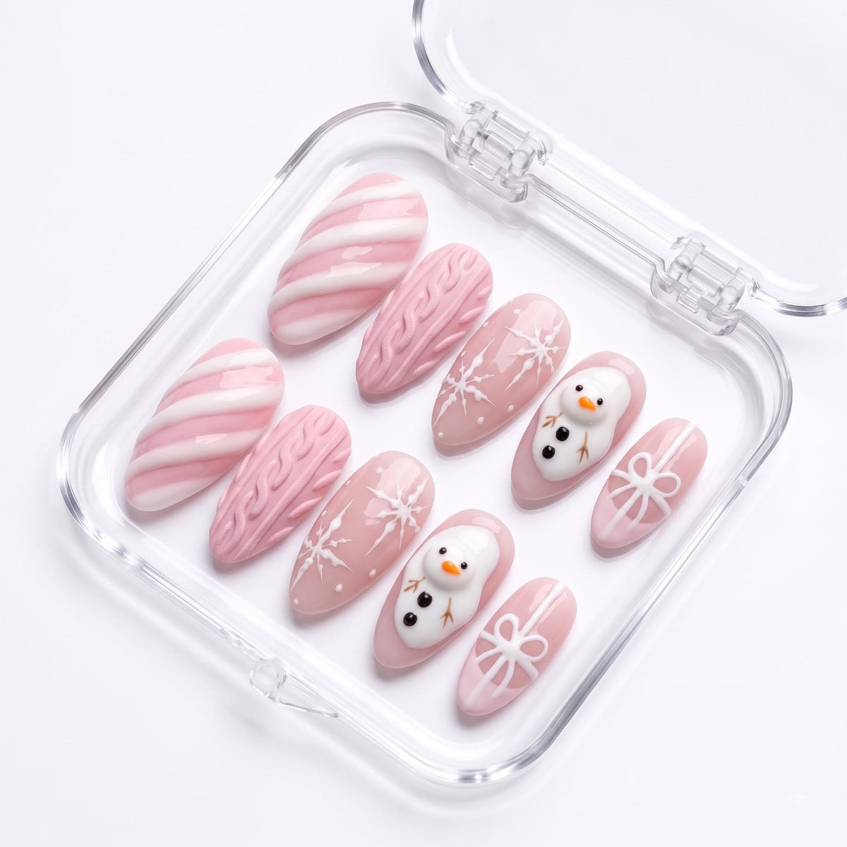 Pink Christmas Press On Nails With Candy Cane Stripes, Knit Texture, Snowmen and Bows