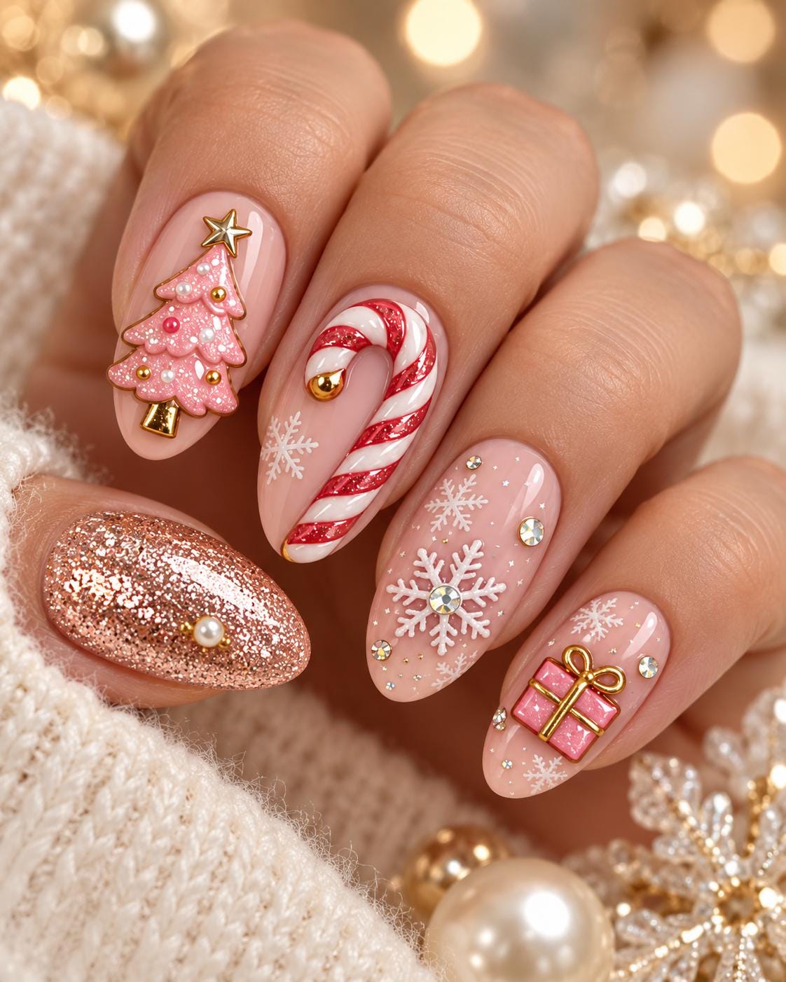 Pink Christmas Press On Nails With Candy Canes, Snowflakes & 3D Trees