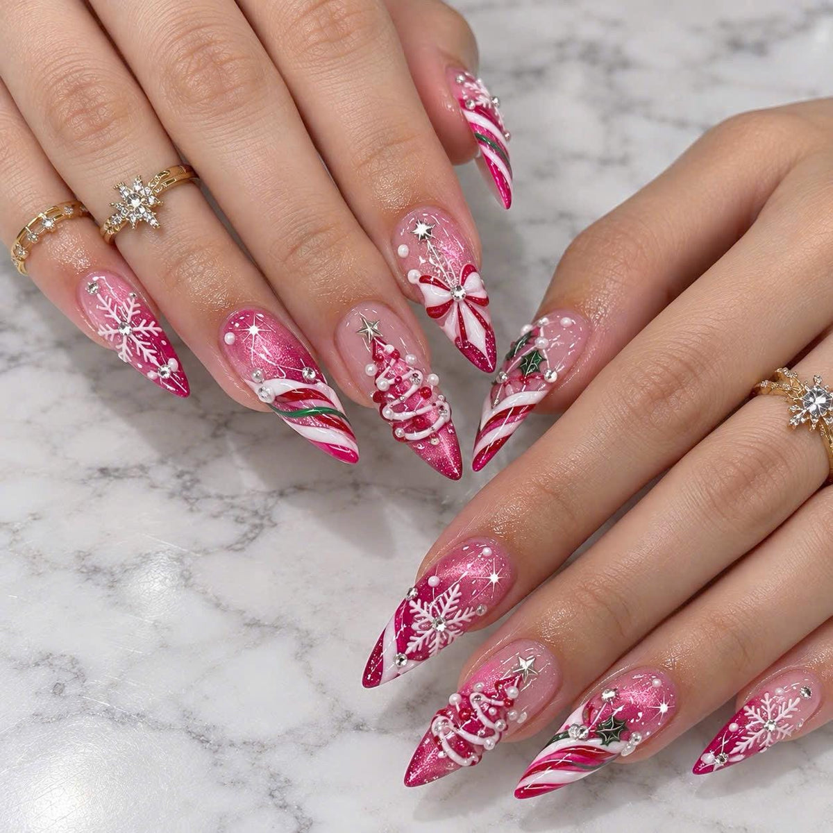 Pink Christmas Press On Nails with Glitter, Candy Cane Stripes, Snowflakes and 3D Trees