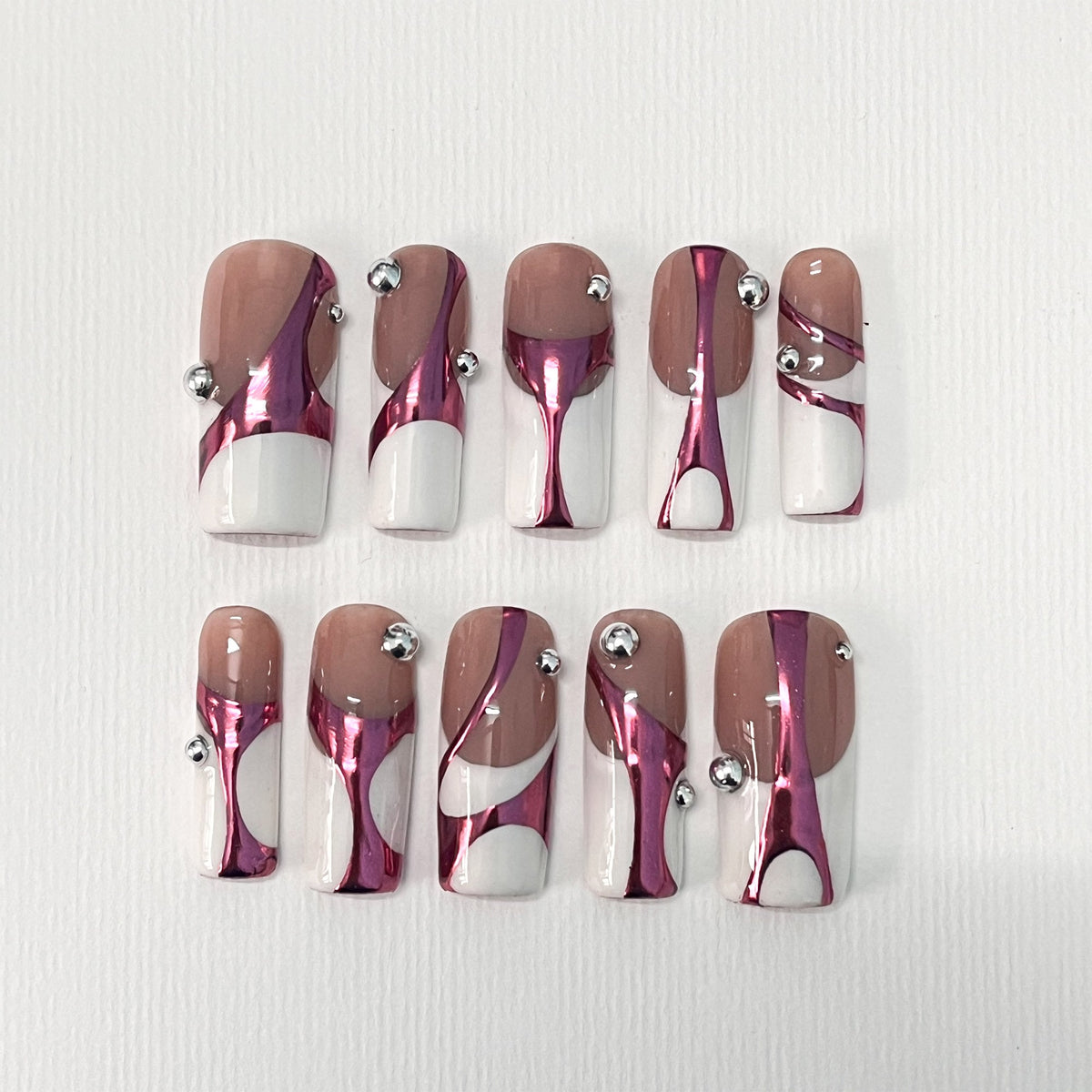 Pink Chrome Ribbon French Tip Press On Nails With Rhinestones
