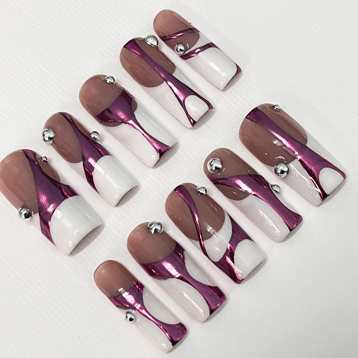 Pink Chrome Ribbon French Tip Press On Nails With Rhinestones