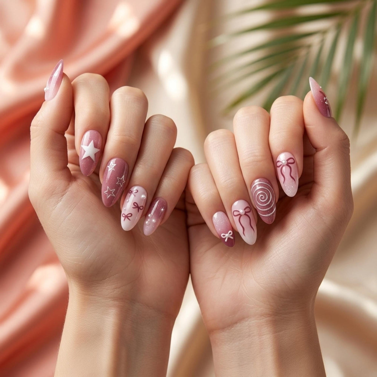 Pink Coquette Bow and Star Nails with Silver Celestial Details