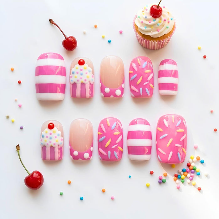 Pink Cupcake Sprinkle Press On Nails With Cherry 3D Accents for Birthdays