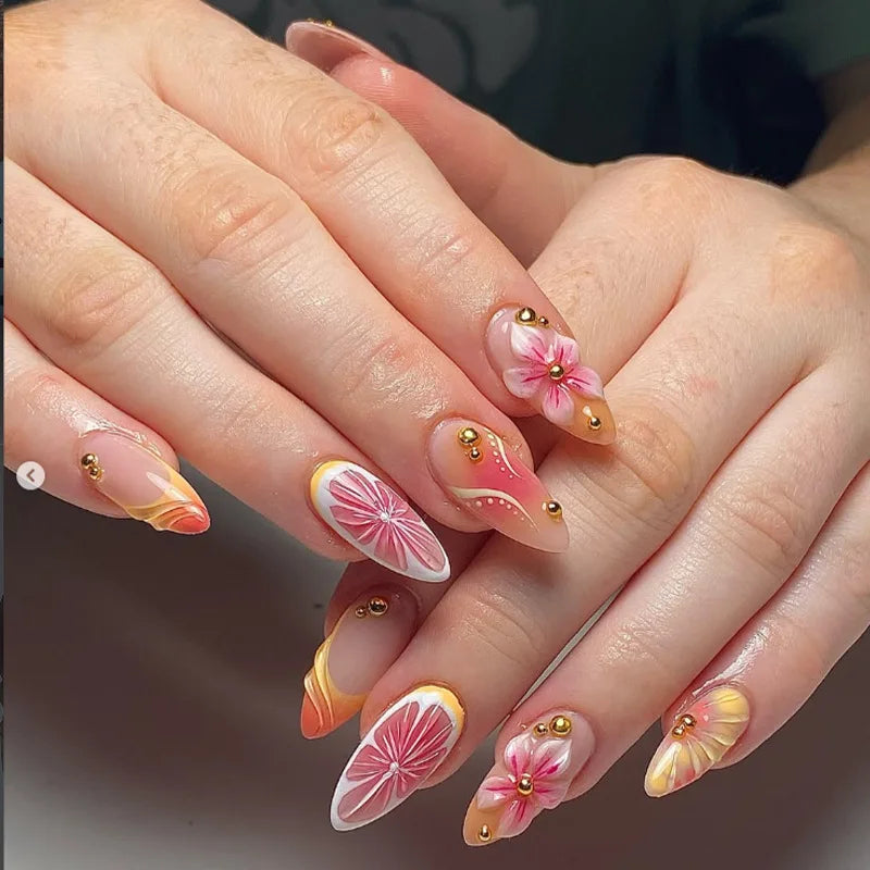 Pink Floral and Citrus French Tip Nail Set with Orange-Yellow Ombre