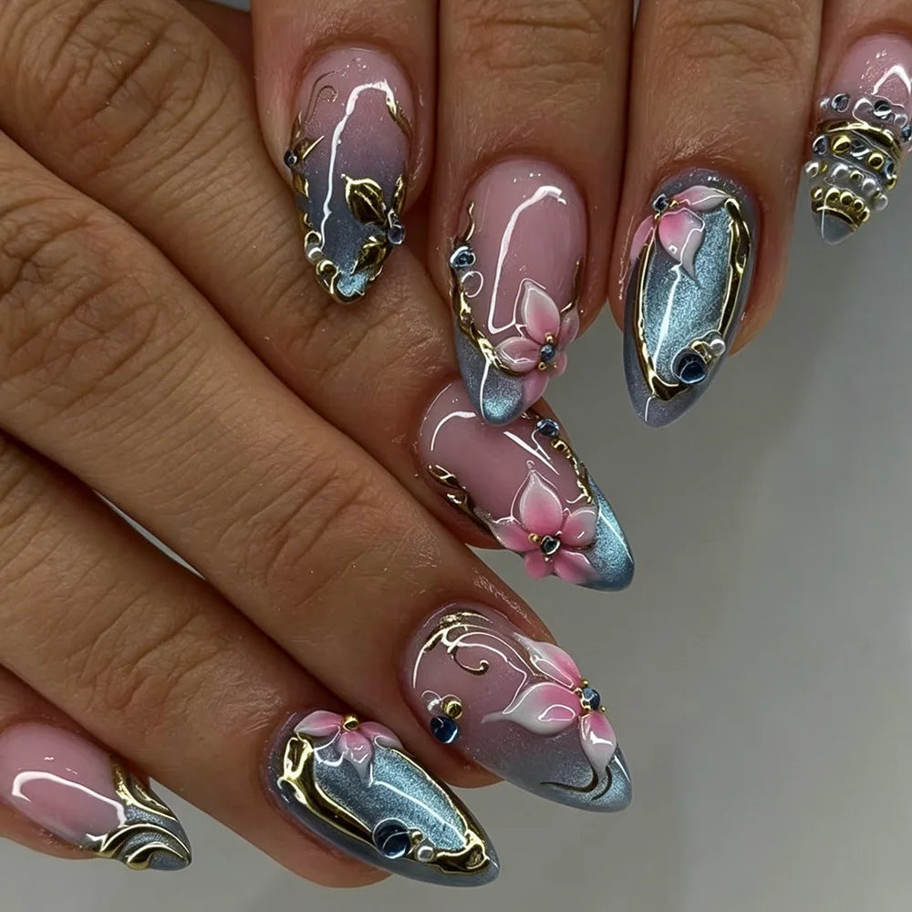 Pink Floral Blue-Silver Chrome Press-On Nail Set With Gold Scrollwork