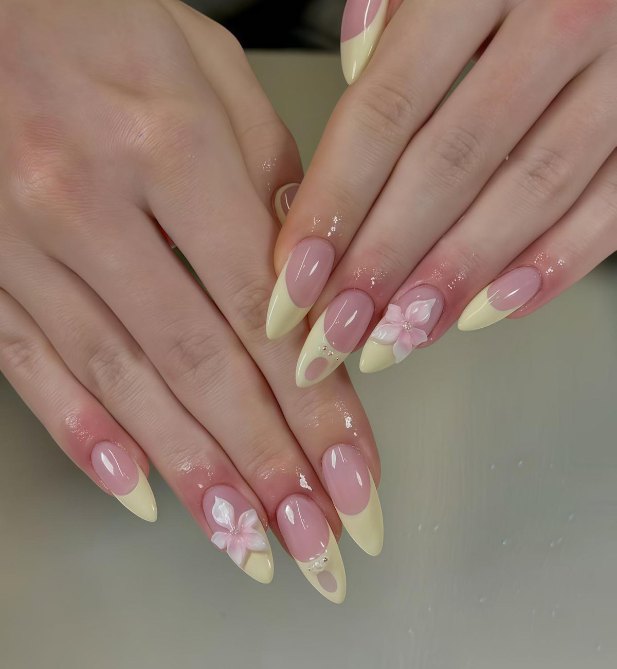 Pink Floral French Tip Press On Nails with Raised Flowers and Clear Rhinestones
