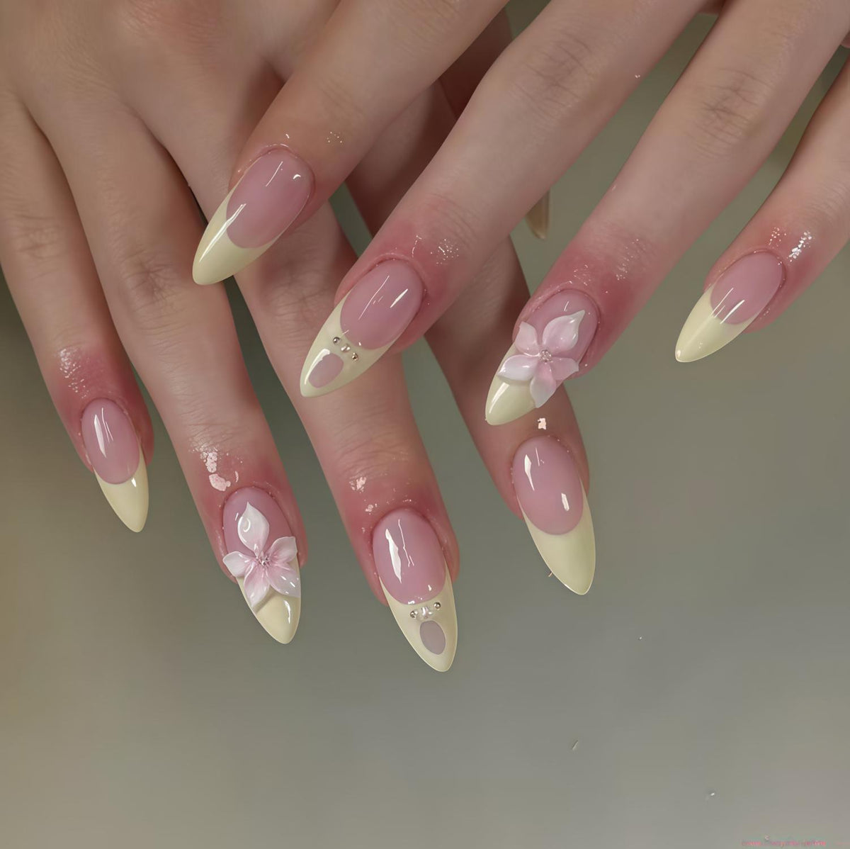 Pink Floral French Tip Press On Nails with Raised Flowers and Clear Rhinestones