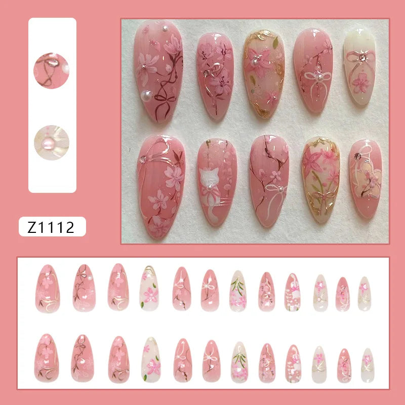 Pink Floral Nail Set with Gold Accents, Bows and Pearl Details