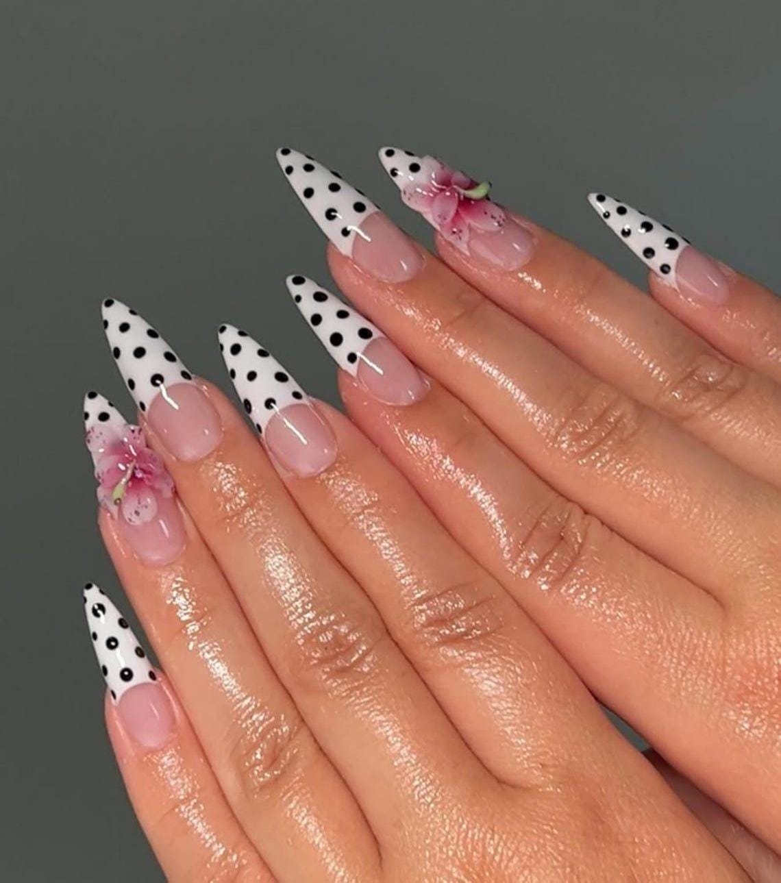 Pink Floral Polka Dot French Tip Press On Nails